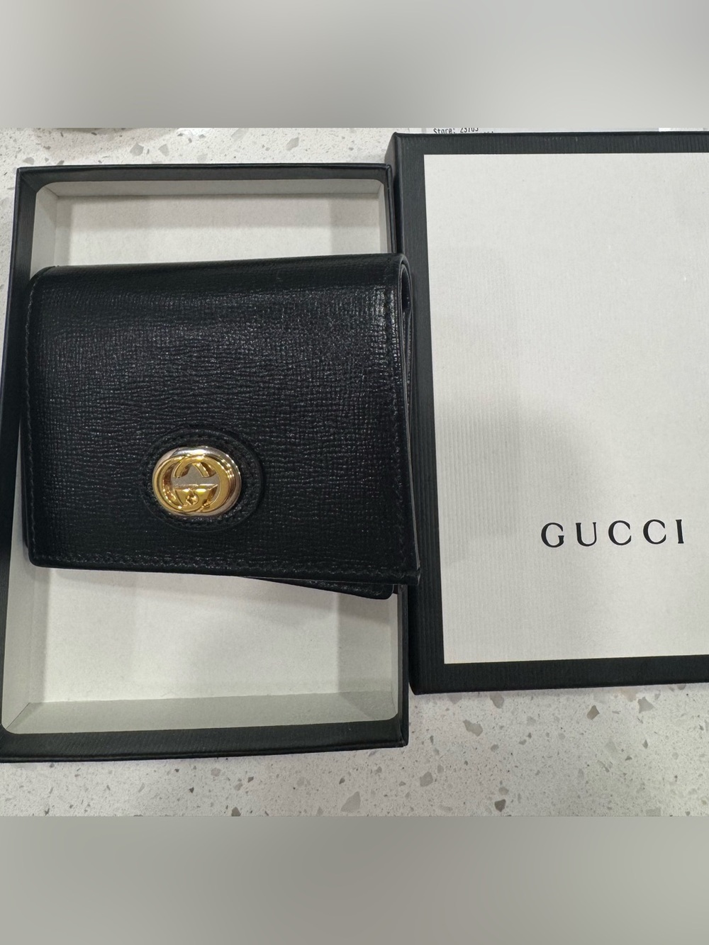 Gucci Black Leather Card Holder with Gold Double G Emblem